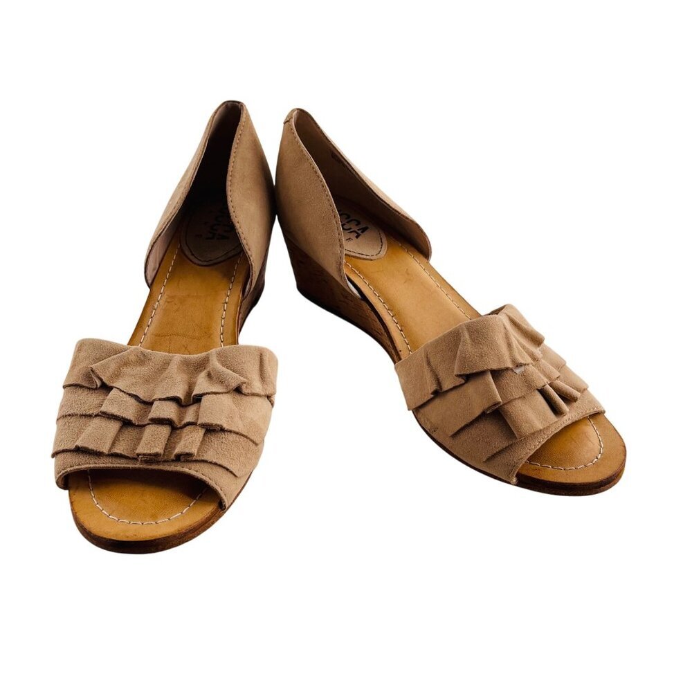 Lucca Lane‎ Womens Suede Peep-Toe Wedge Sandals Size 9.5M Beige Cork Heel